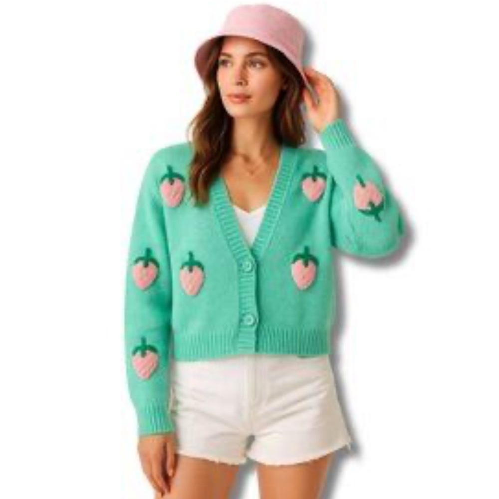 Luna Ivy Embroidered Strawberry Cardigan Sweater Size Small